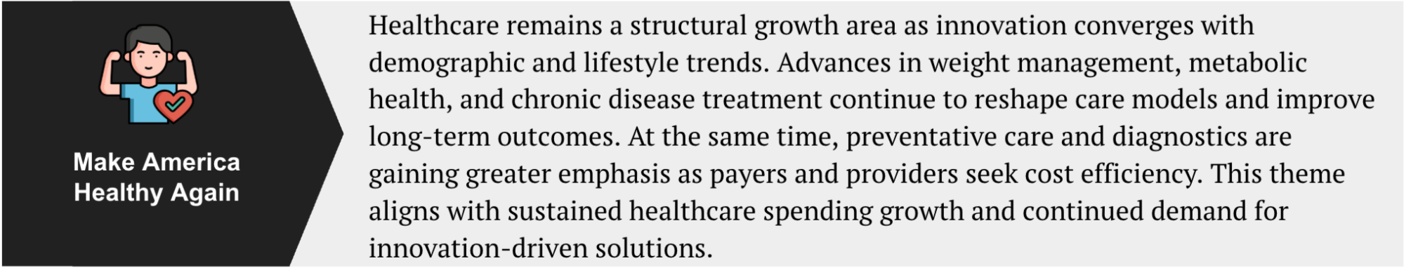 Image: Investment-theme panel describing healthcare innovation and the Make America Healthy Again theme.